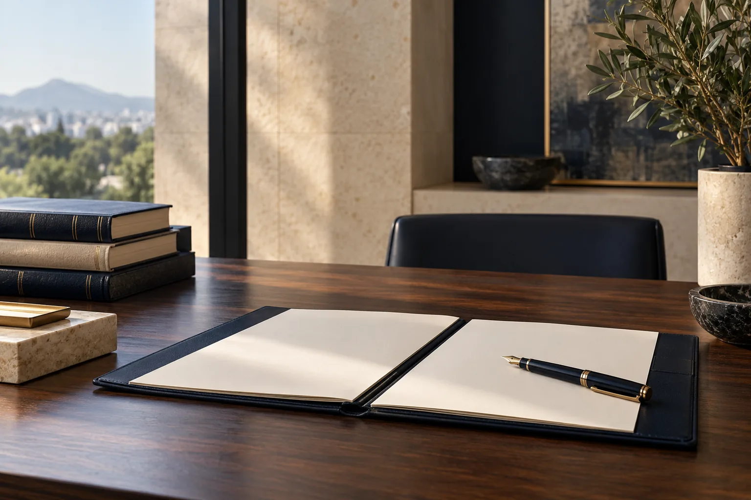 Mesa de trabajo con documentos y libros jurídicos